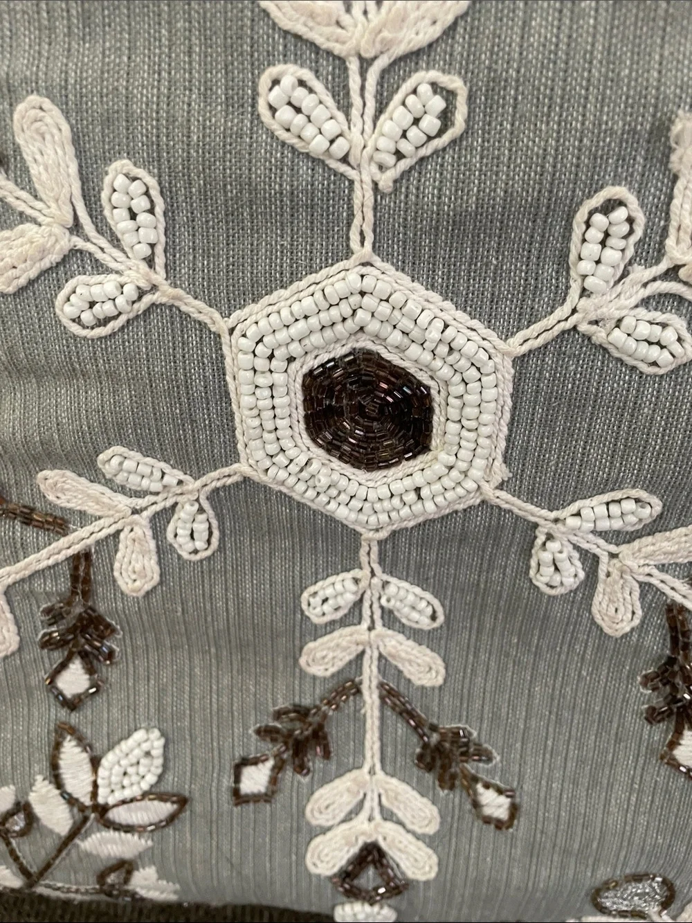 Christmas winter grey pillow snow flakes embellished gold & silver 20x20